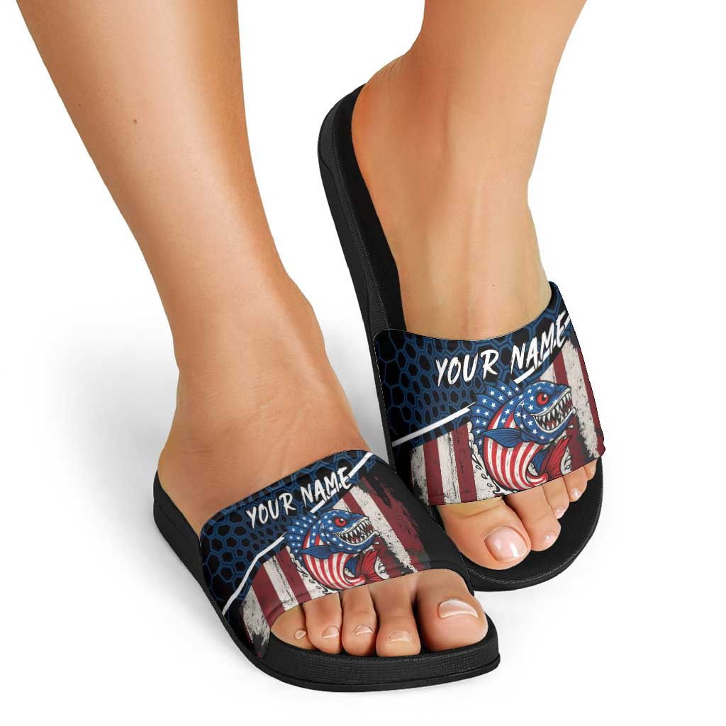 Aggressive Bass Fishing Slide Sandals with American Flag Pattern on Grunge Hex Background - Wonder Print Shop