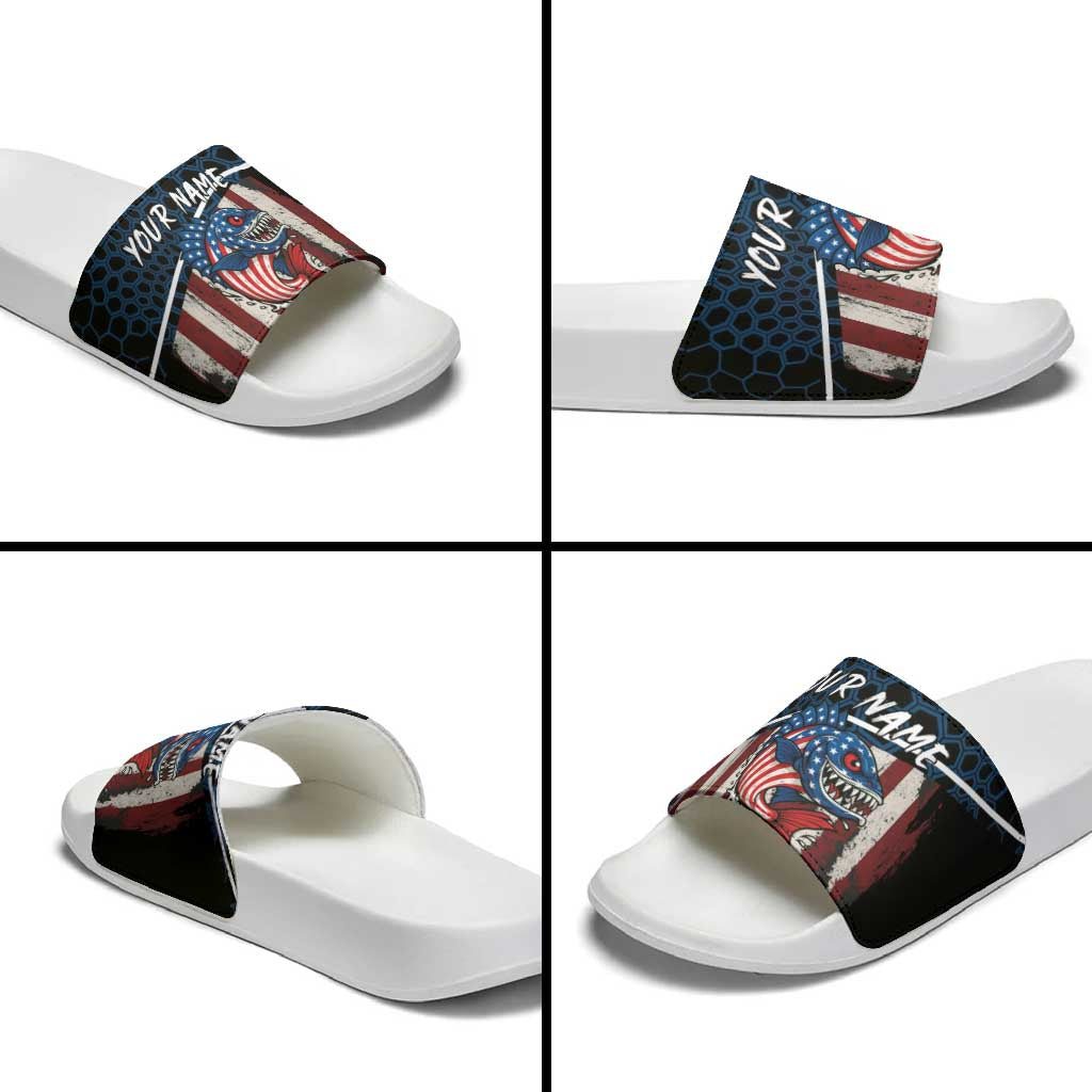 Aggressive Bass Fishing Slide Sandals with American Flag Pattern on Grunge Hex Background - Wonder Print Shop