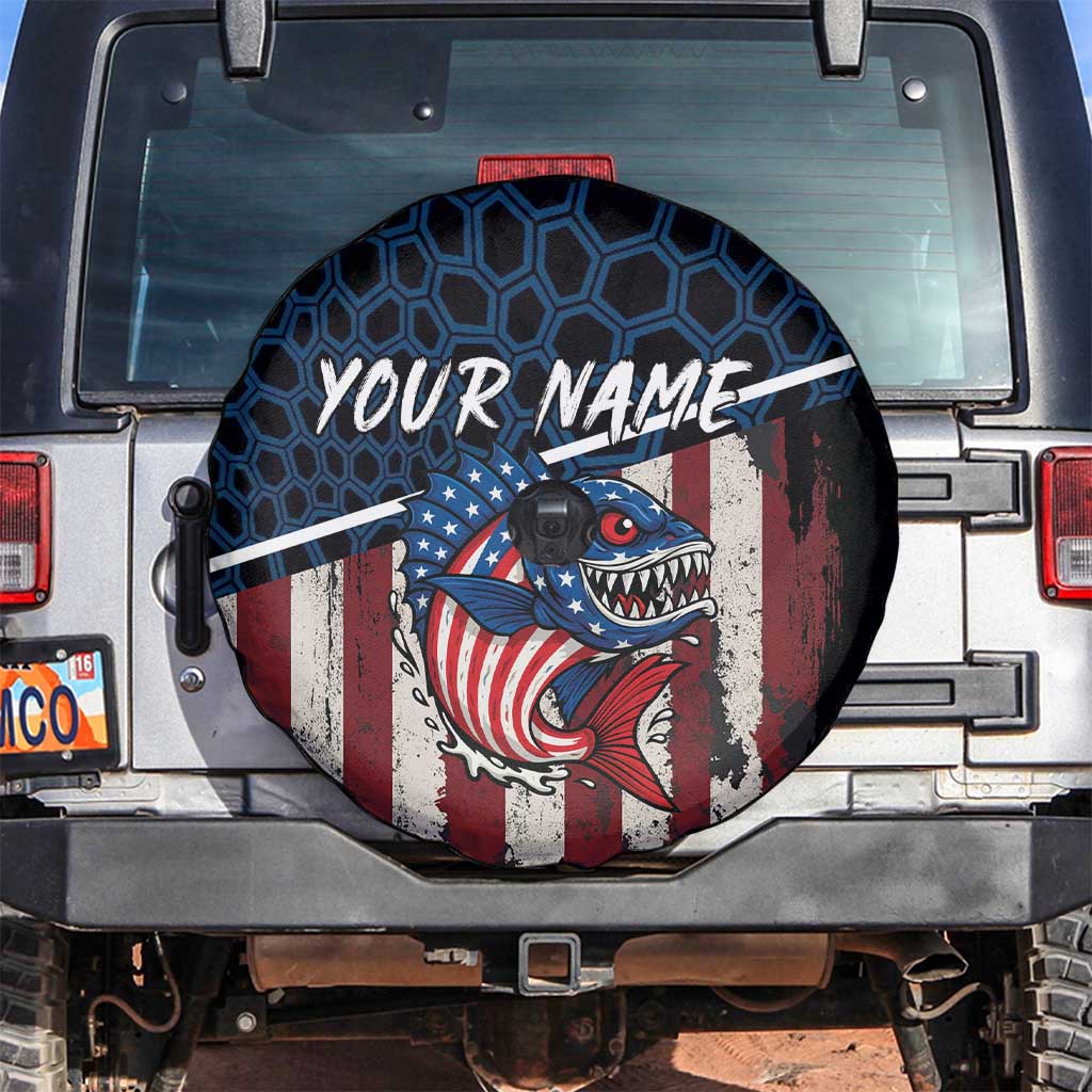 Aggressive Bass Fishing Spare Tire Cover with American Flag Pattern on Grunge Hex Background - Wonder Print Shop