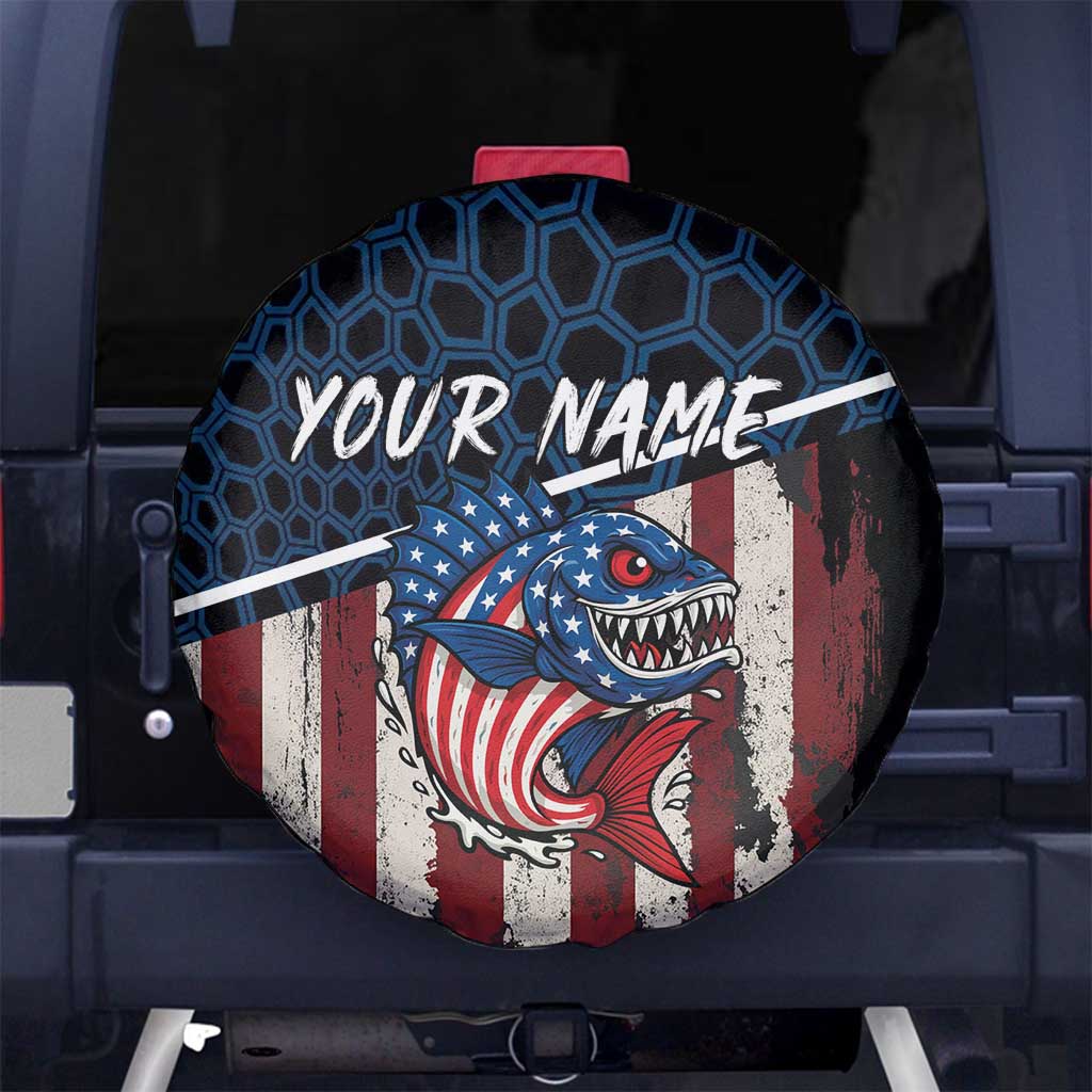 Aggressive Bass Fishing Spare Tire Cover with American Flag Pattern on Grunge Hex Background - Wonder Print Shop