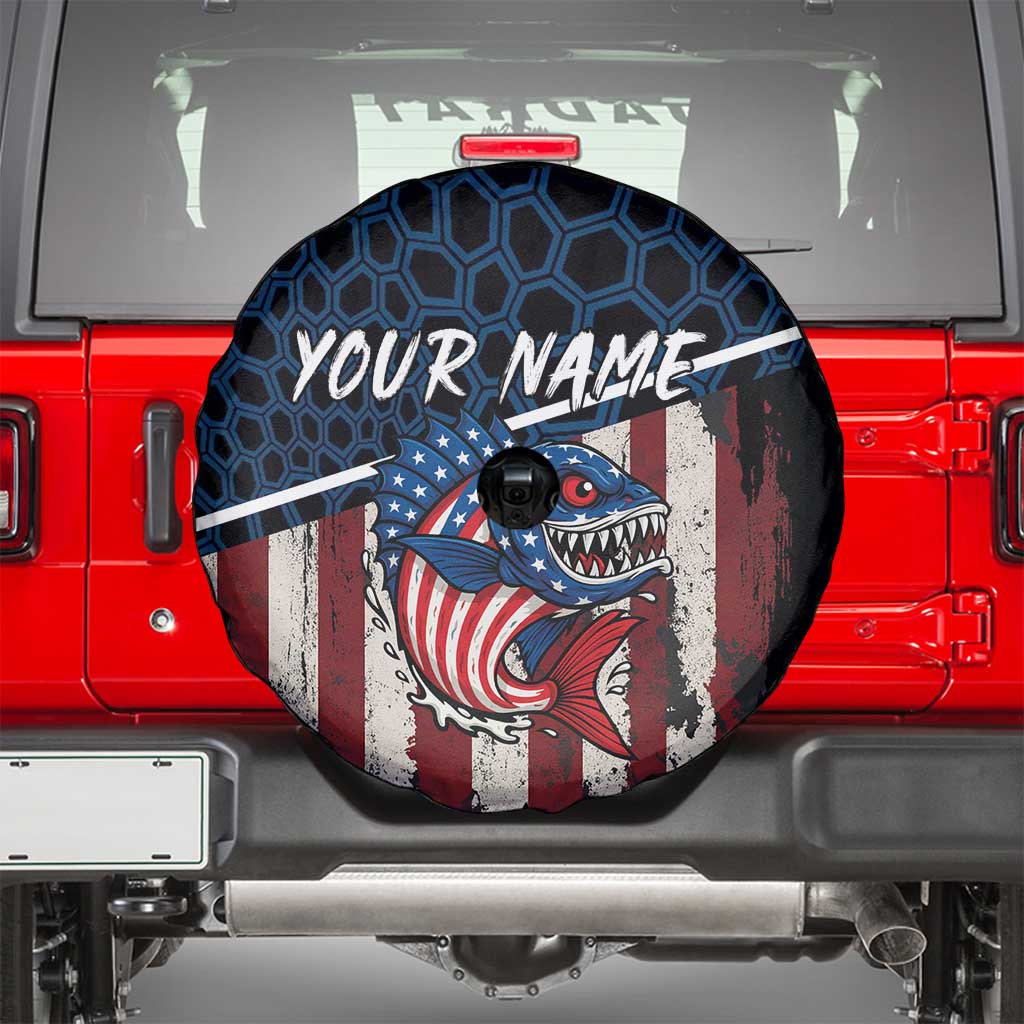 Aggressive Bass Fishing Spare Tire Cover with American Flag Pattern on Grunge Hex Background - Wonder Print Shop