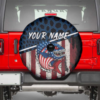 Aggressive Bass Fishing Spare Tire Cover with American Flag Pattern on Grunge Hex Background - Wonder Print Shop