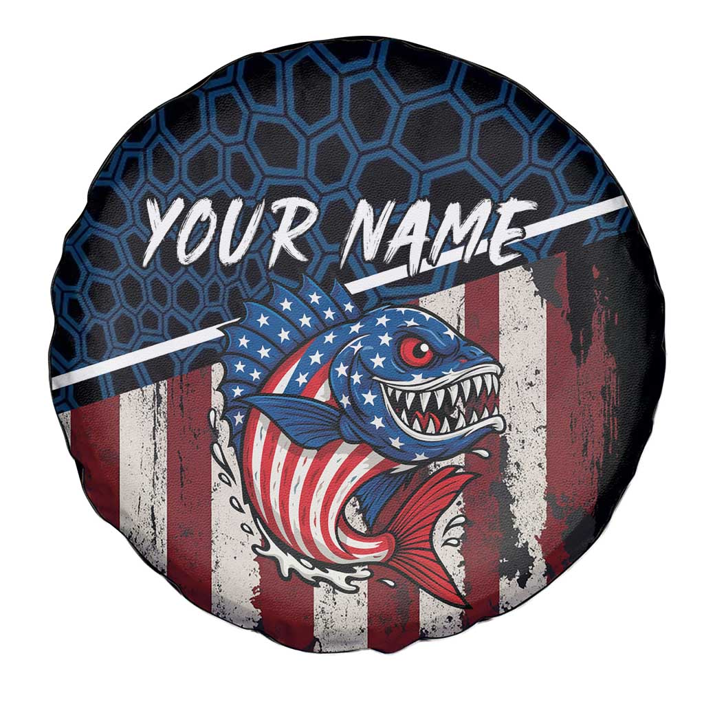 Aggressive Bass Fishing Spare Tire Cover with American Flag Pattern on Grunge Hex Background - Wonder Print Shop