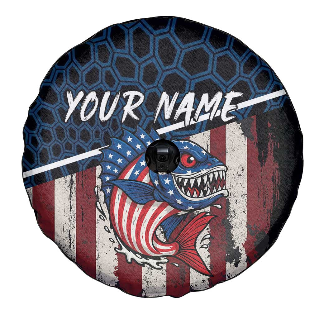 Aggressive Bass Fishing Spare Tire Cover with American Flag Pattern on Grunge Hex Background - Wonder Print Shop