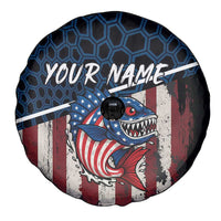 Aggressive Bass Fishing Spare Tire Cover with American Flag Pattern on Grunge Hex Background - Wonder Print Shop
