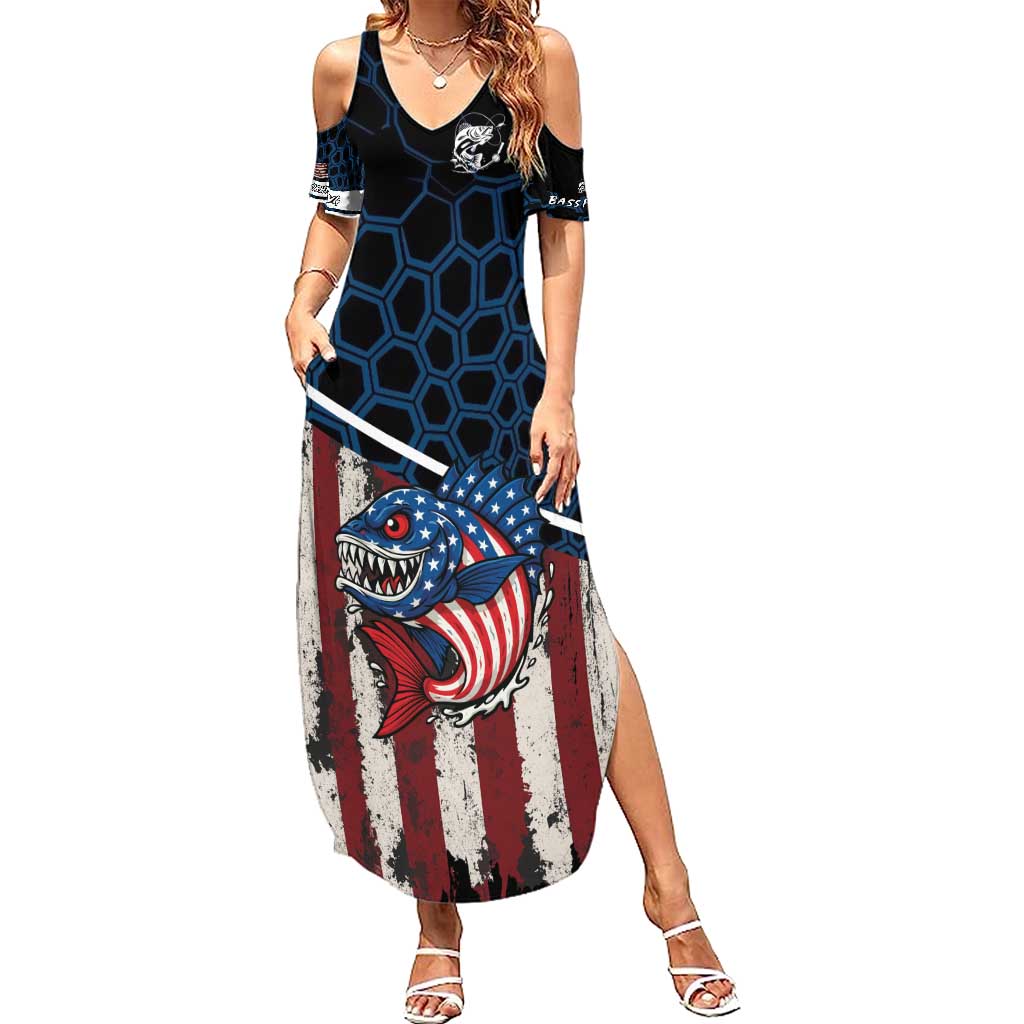 Aggressive Bass Fishing Summer Maxi Dress with American Flag Pattern on Grunge Hex Background - Wonder Print Shop
