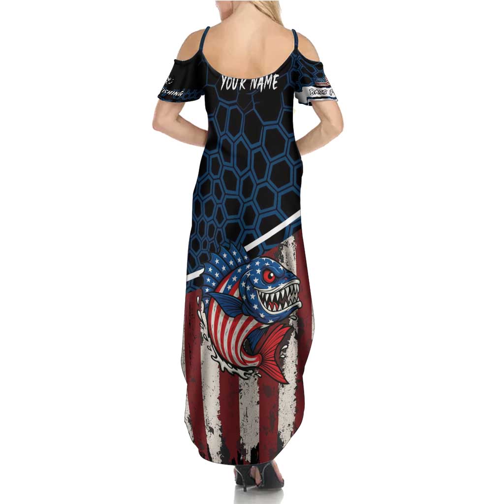 Aggressive Bass Fishing Summer Maxi Dress with American Flag Pattern on Grunge Hex Background - Wonder Print Shop