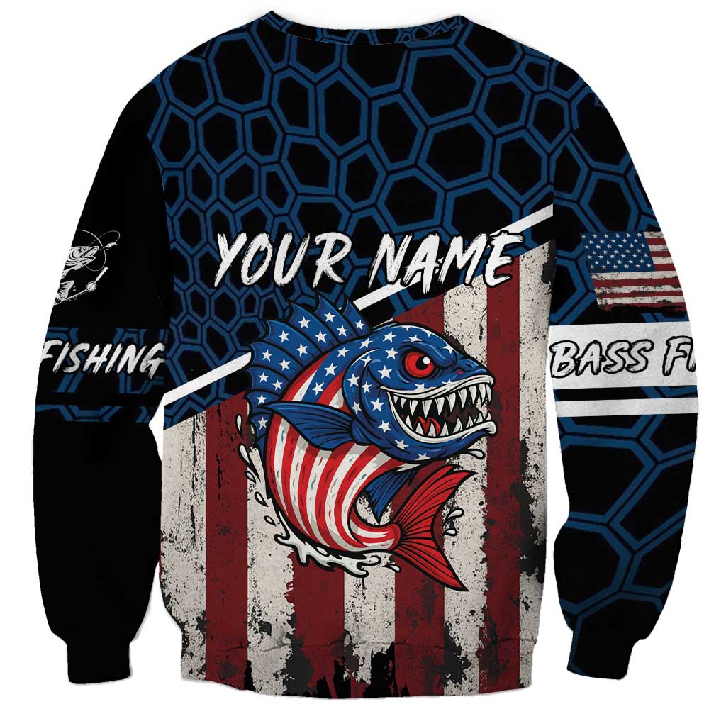 Aggressive Bass Fishing Sweatshirt with American Flag Pattern on Grunge Hex Background - Wonder Print Shop