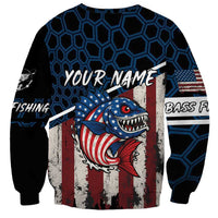 Aggressive Bass Fishing Sweatshirt with American Flag Pattern on Grunge Hex Background - Wonder Print Shop