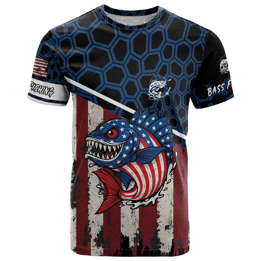Aggressive Bass Fishing T Shirt with American Flag Pattern on Grunge Hex Background - Wonder Print Shop