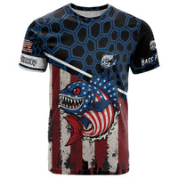 Aggressive Bass Fishing T Shirt with American Flag Pattern on Grunge Hex Background - Wonder Print Shop