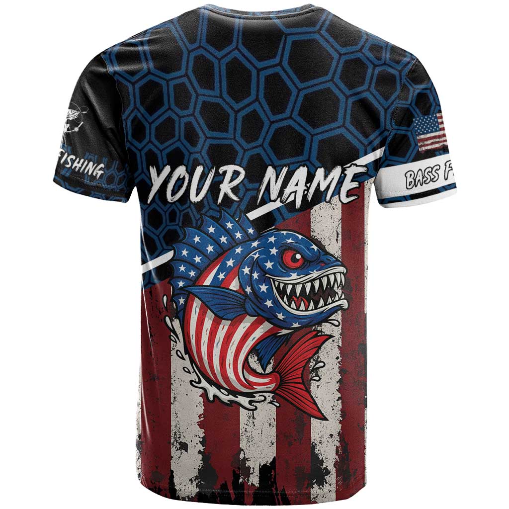 Aggressive Bass Fishing T Shirt with American Flag Pattern on Grunge Hex Background - Wonder Print Shop
