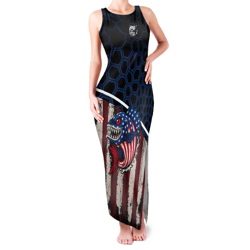 Aggressive Bass Fishing Tank Maxi Dress with American Flag Pattern on Grunge Hex Background - Wonder Print Shop