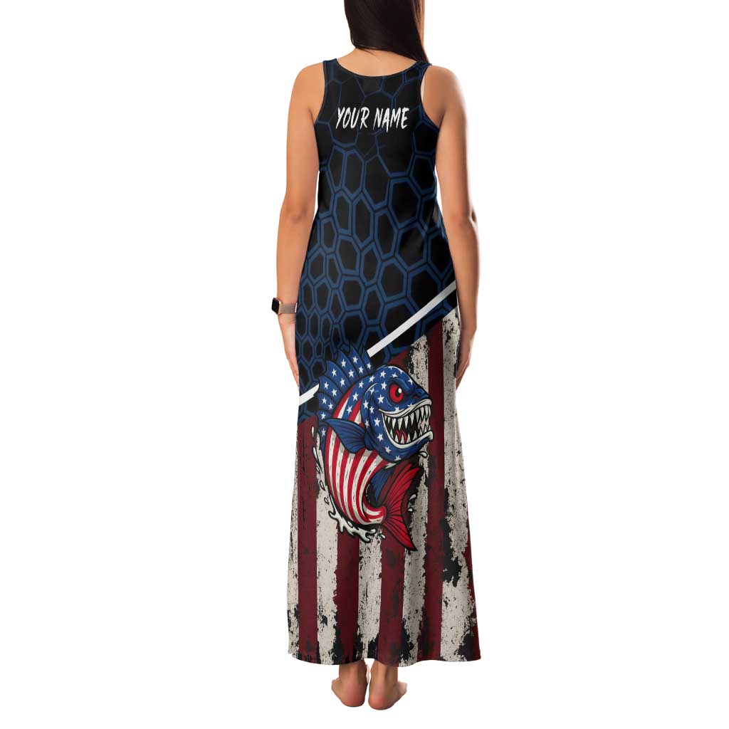 Aggressive Bass Fishing Tank Maxi Dress with American Flag Pattern on Grunge Hex Background - Wonder Print Shop