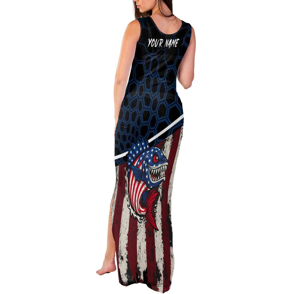Aggressive Bass Fishing Tank Maxi Dress with American Flag Pattern on Grunge Hex Background - Wonder Print Shop