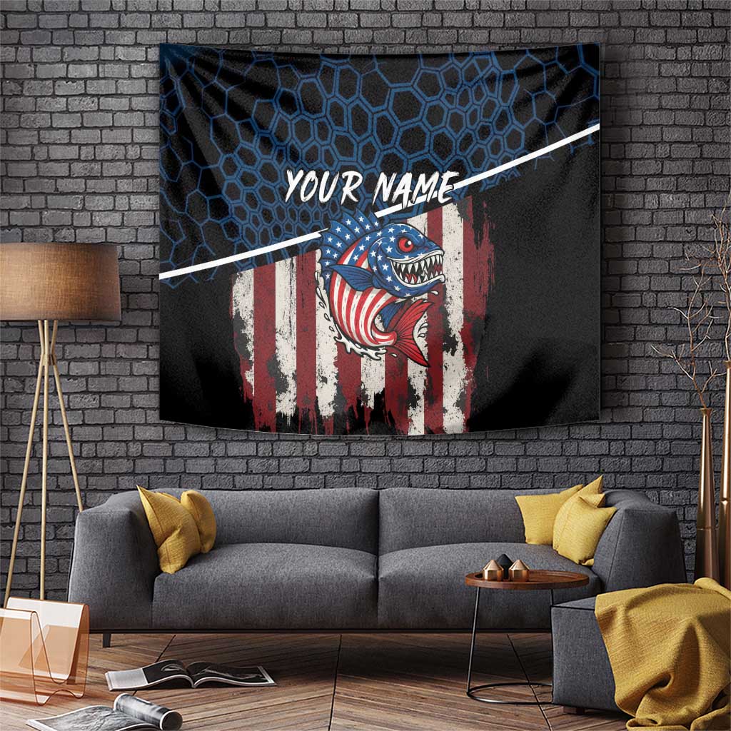 Aggressive Bass Fishing Tapestry with American Flag Pattern on Grunge Hex Background - Wonder Print Shop
