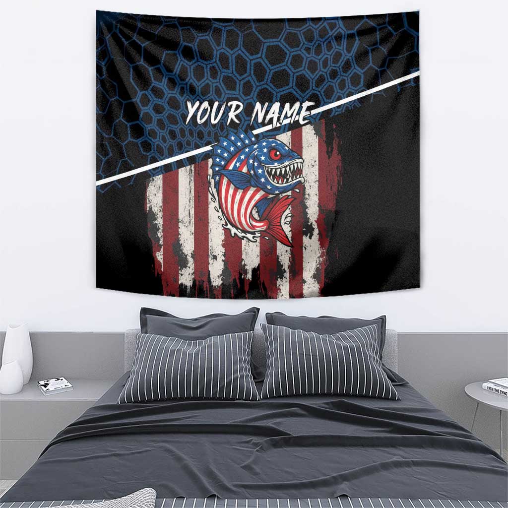 Aggressive Bass Fishing Tapestry with American Flag Pattern on Grunge Hex Background - Wonder Print Shop