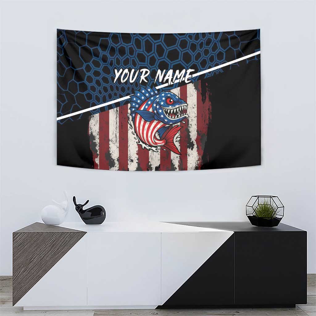 Aggressive Bass Fishing Tapestry with American Flag Pattern on Grunge Hex Background - Wonder Print Shop