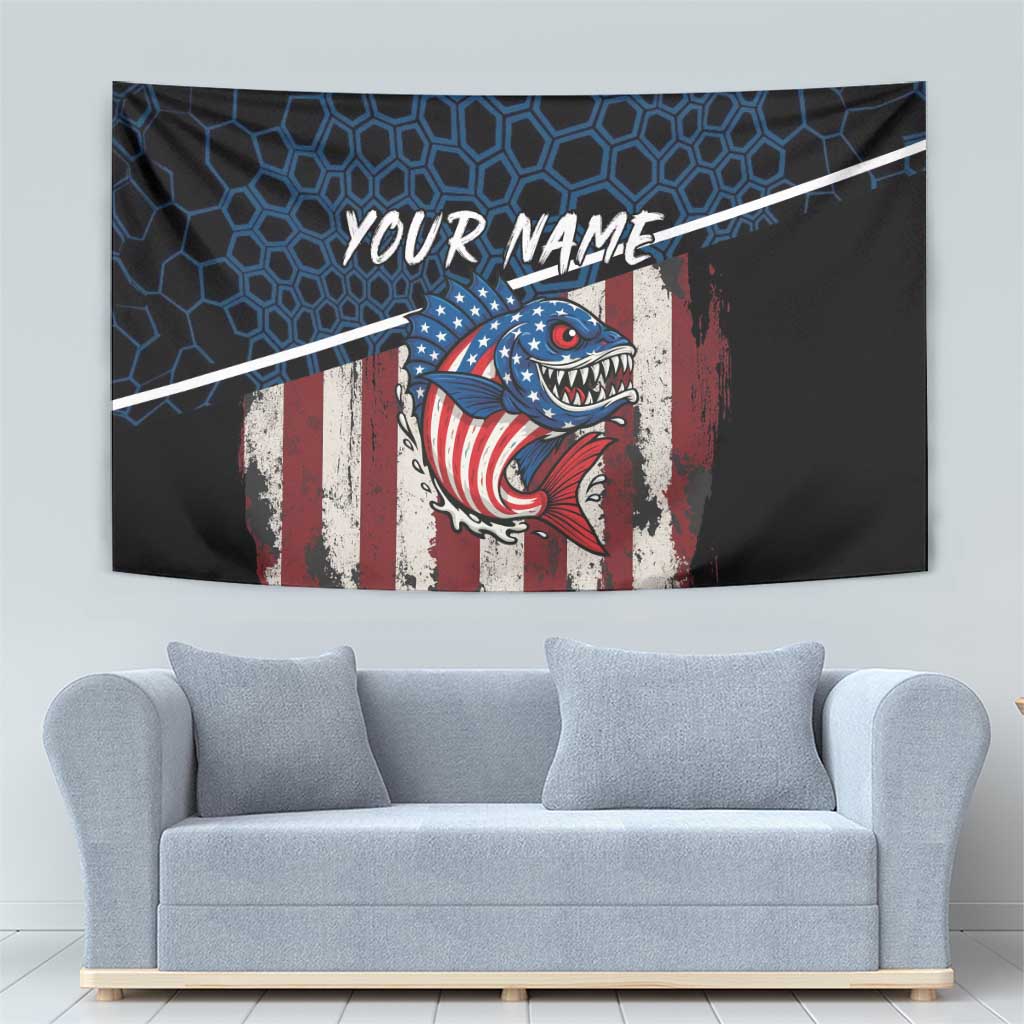 Aggressive Bass Fishing Tapestry with American Flag Pattern on Grunge Hex Background - Wonder Print Shop