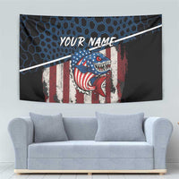 Aggressive Bass Fishing Tapestry with American Flag Pattern on Grunge Hex Background - Wonder Print Shop