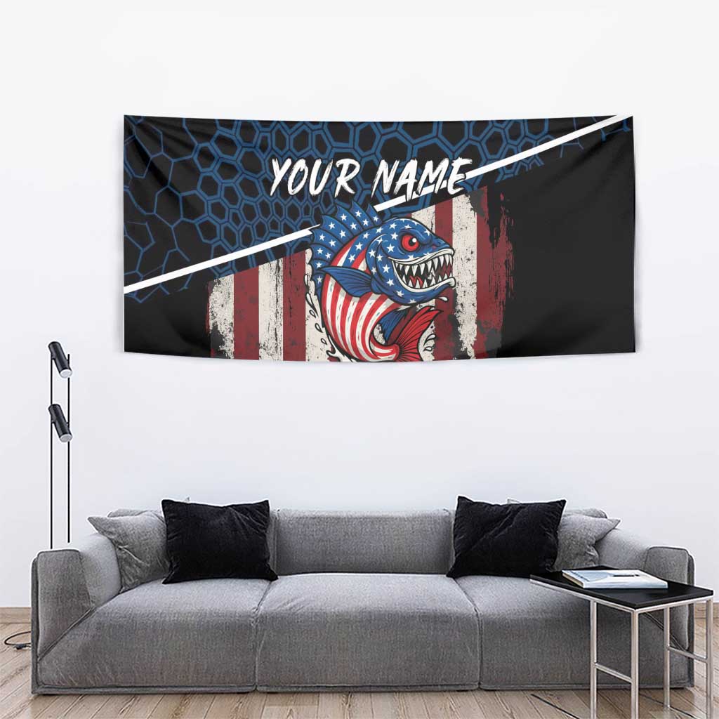 Aggressive Bass Fishing Tapestry with American Flag Pattern on Grunge Hex Background - Wonder Print Shop