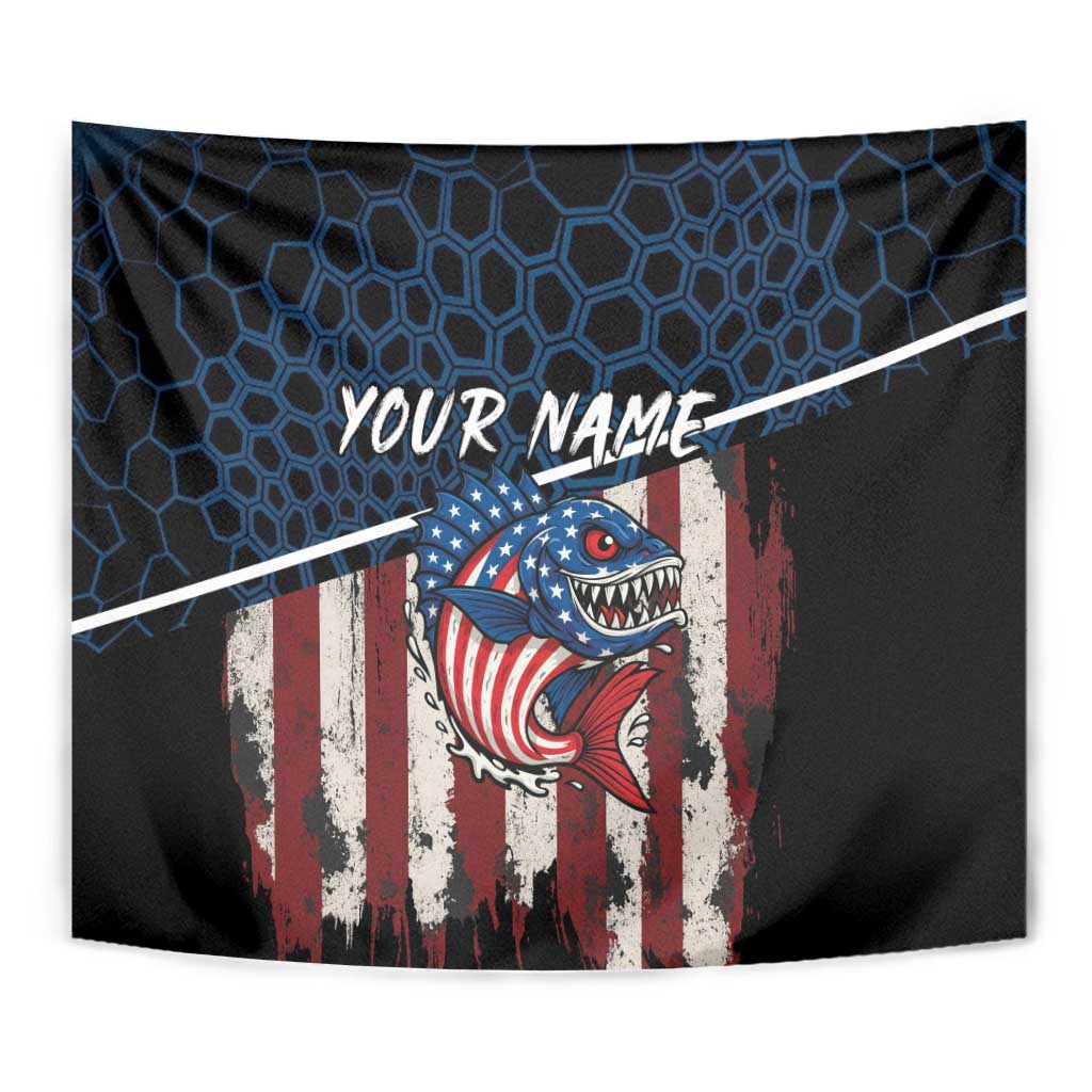 Aggressive Bass Fishing Tapestry with American Flag Pattern on Grunge Hex Background - Wonder Print Shop