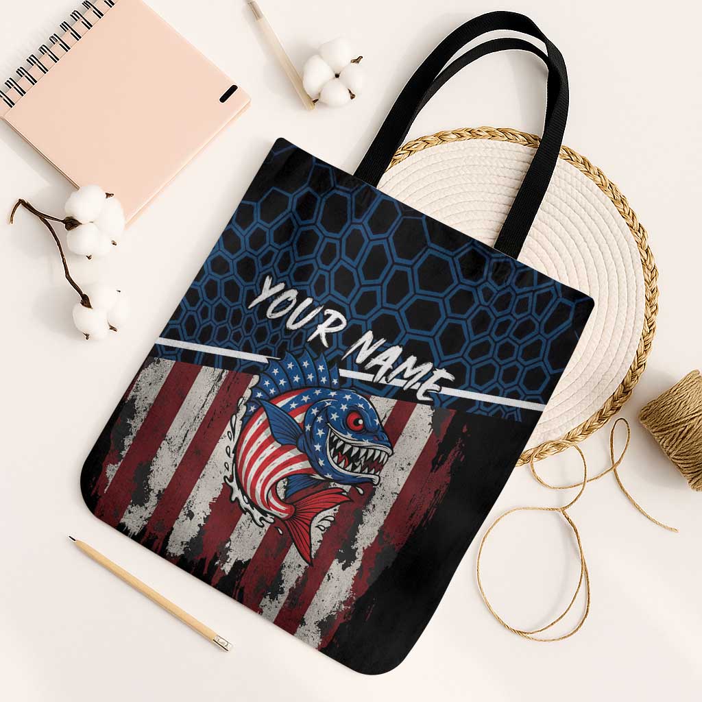 Aggressive Bass Fishing Tote Bag with American Flag Pattern on Grunge Hex Background - Wonder Print Shop