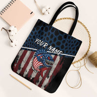 Aggressive Bass Fishing Tote Bag with American Flag Pattern on Grunge Hex Background - Wonder Print Shop
