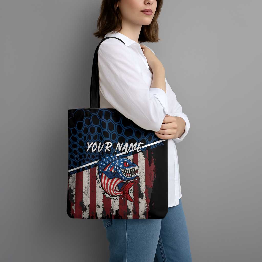 Aggressive Bass Fishing Tote Bag with American Flag Pattern on Grunge Hex Background - Wonder Print Shop