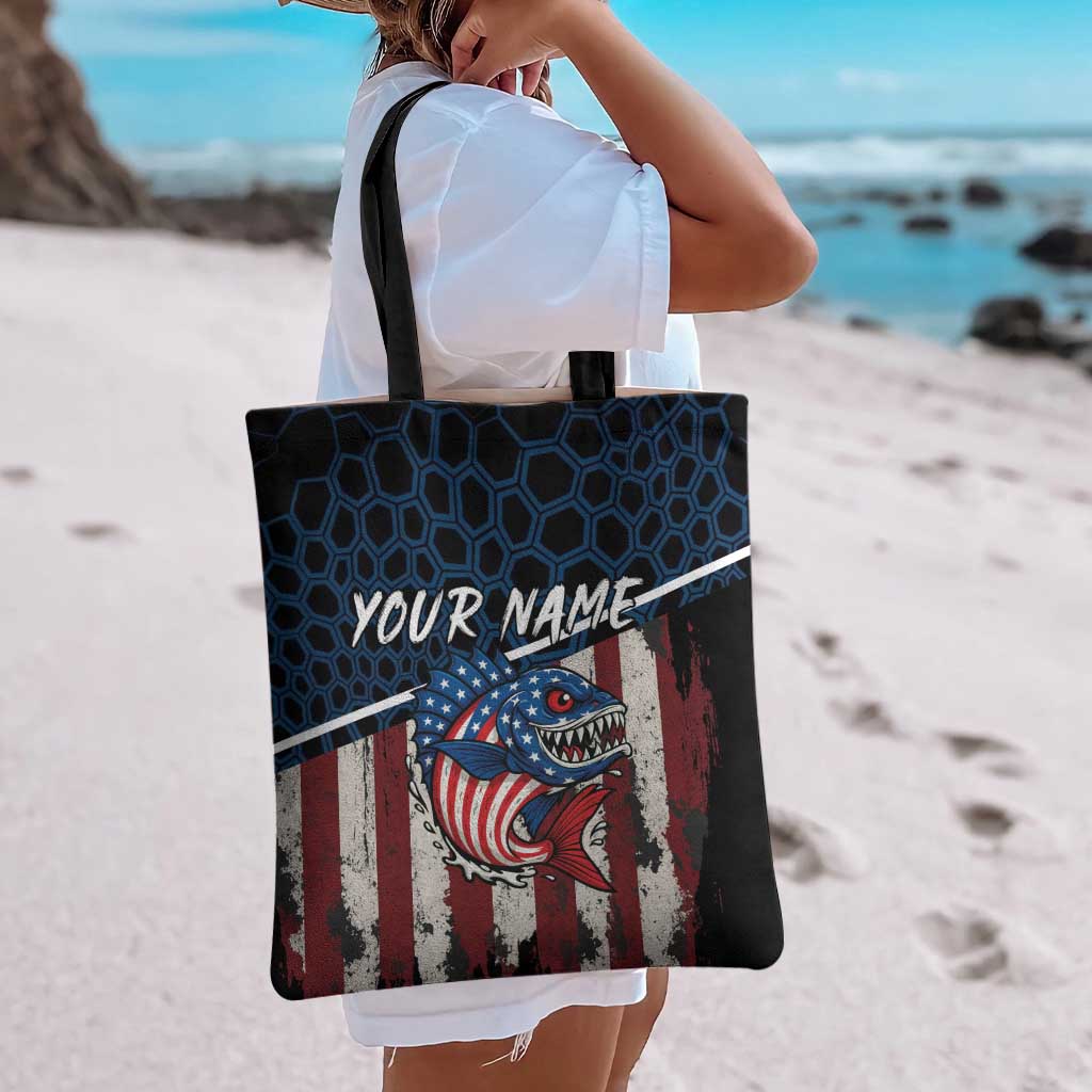 Aggressive Bass Fishing Tote Bag with American Flag Pattern on Grunge Hex Background - Wonder Print Shop