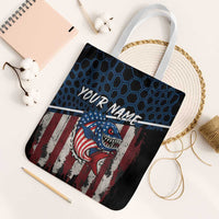 Aggressive Bass Fishing Tote Bag with American Flag Pattern on Grunge Hex Background - Wonder Print Shop