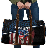 Aggressive Bass Fishing Travel Bag with American Flag Pattern on Grunge Hex Background - Wonder Print Shop