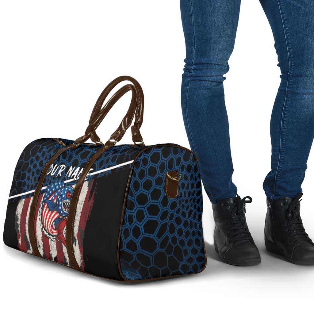 Aggressive Bass Fishing Travel Bag with American Flag Pattern on Grunge Hex Background - Wonder Print Shop