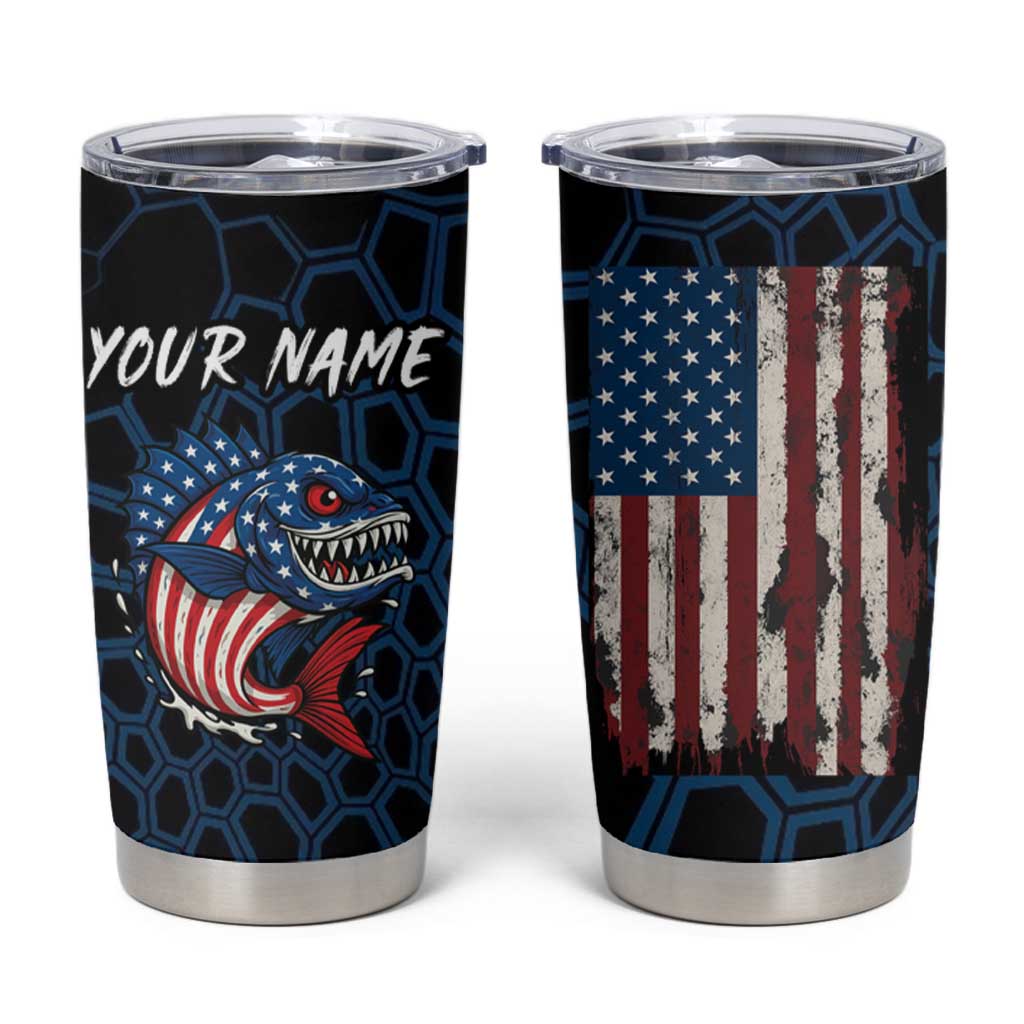 Aggressive Bass Fishing Tumbler Cup with American Flag Pattern on Grunge Hex Background - Wonder Print Shop