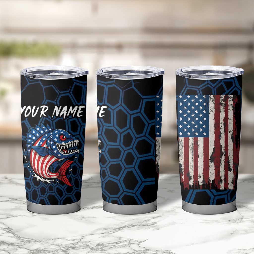Aggressive Bass Fishing Tumbler Cup with American Flag Pattern on Grunge Hex Background - Wonder Print Shop