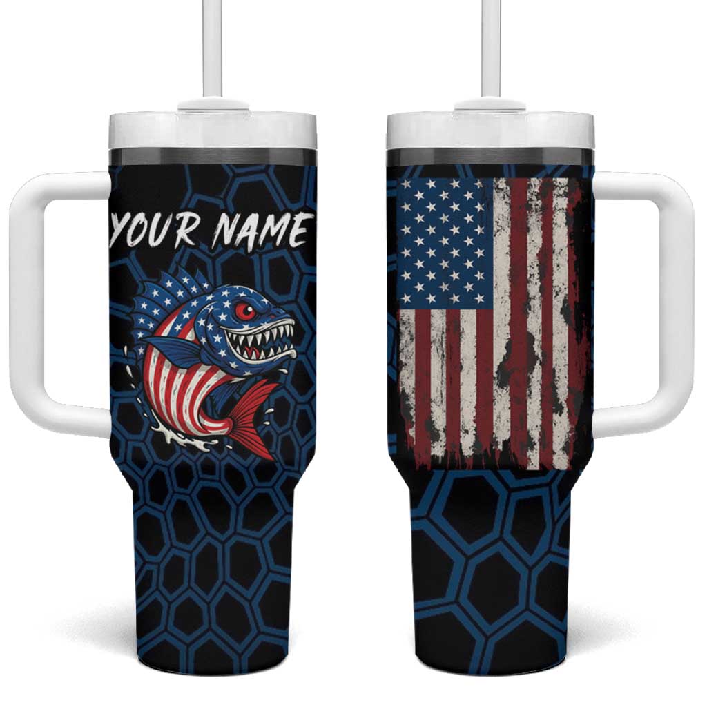Aggressive Bass Fishing Tumbler With Handle with American Flag Pattern on Grunge Hex Background - Wonder Print Shop