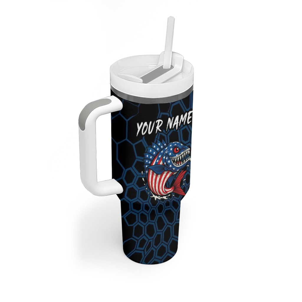 Aggressive Bass Fishing Tumbler With Handle with American Flag Pattern on Grunge Hex Background - Wonder Print Shop