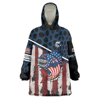 Aggressive Bass Fishing Wearable Blanket Hoodie with American Flag Pattern on Grunge Hex Background - Wonder Print Shop