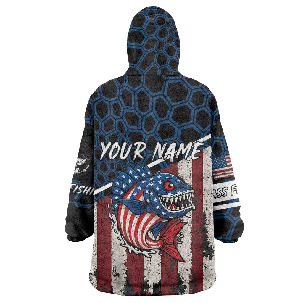 Aggressive Bass Fishing Wearable Blanket Hoodie with American Flag Pattern on Grunge Hex Background - Wonder Print Shop