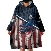 Aggressive Bass Fishing Wearable Blanket Hoodie with American Flag Pattern on Grunge Hex Background - Wonder Print Shop