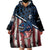 Aggressive Bass Fishing Wearable Blanket Hoodie with American Flag Pattern on Grunge Hex Background - Wonder Print Shop