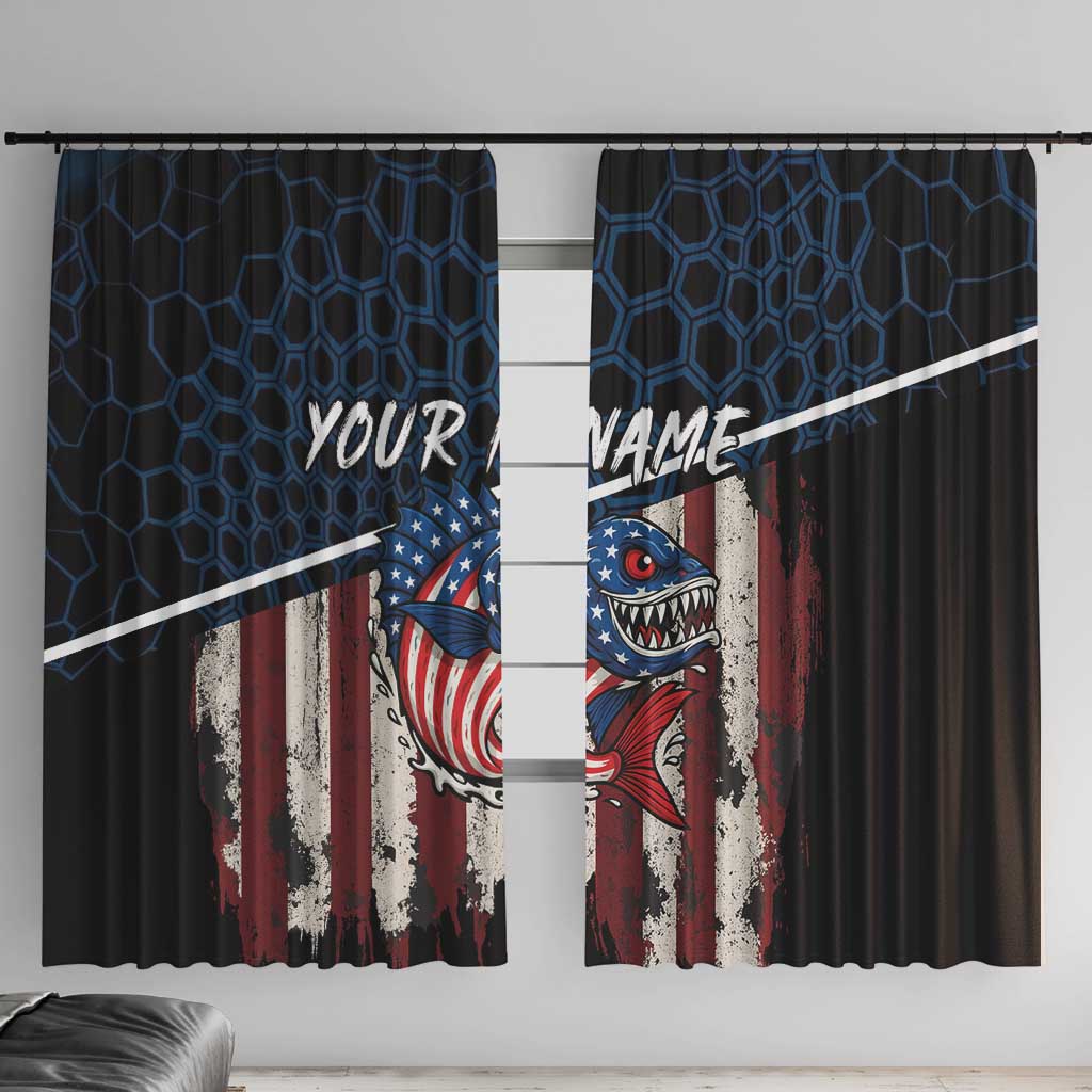 Aggressive Bass Fishing Window Curtain with American Flag Pattern on Grunge Hex Background - Wonder Print Shop
