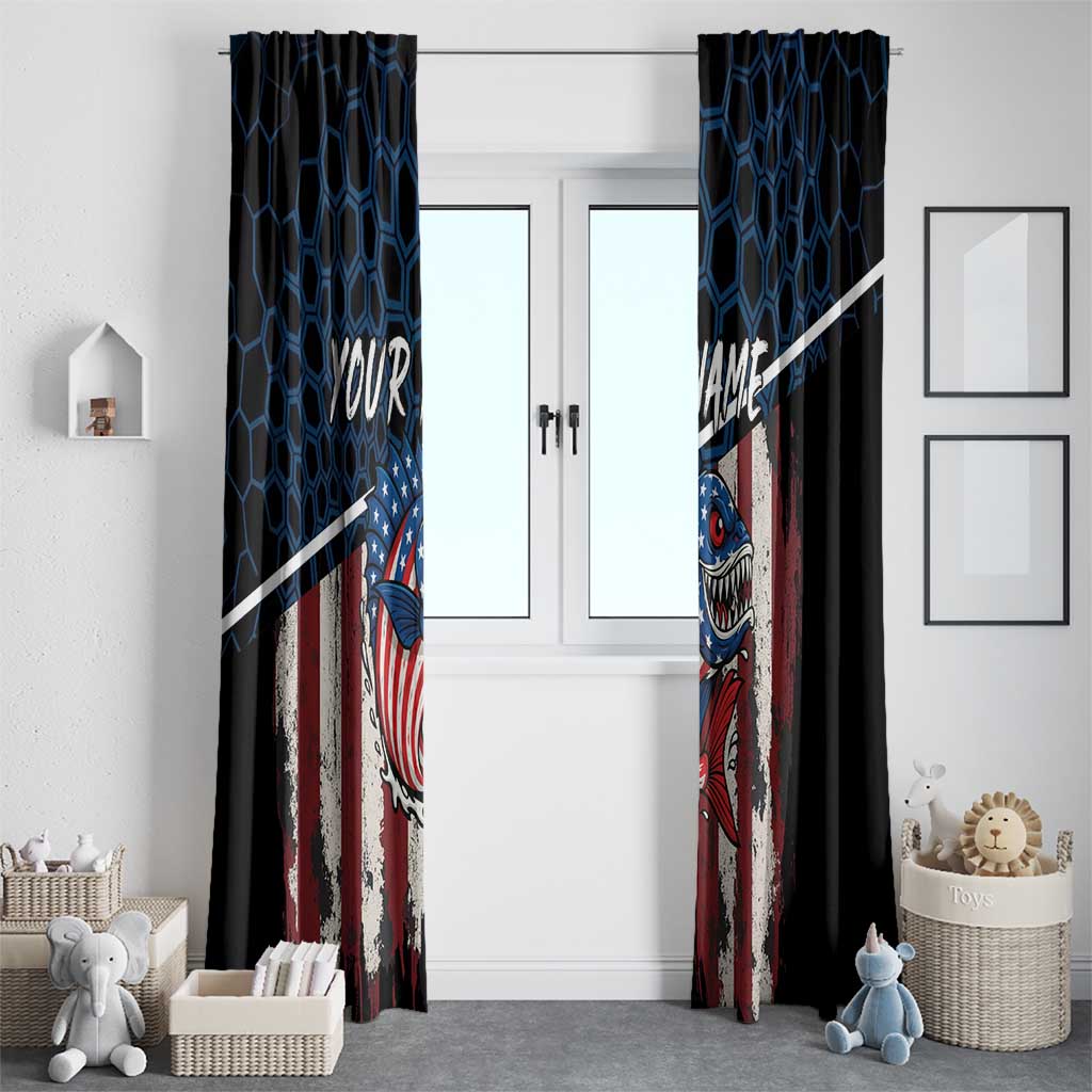 Aggressive Bass Fishing Window Curtain with American Flag Pattern on Grunge Hex Background - Wonder Print Shop