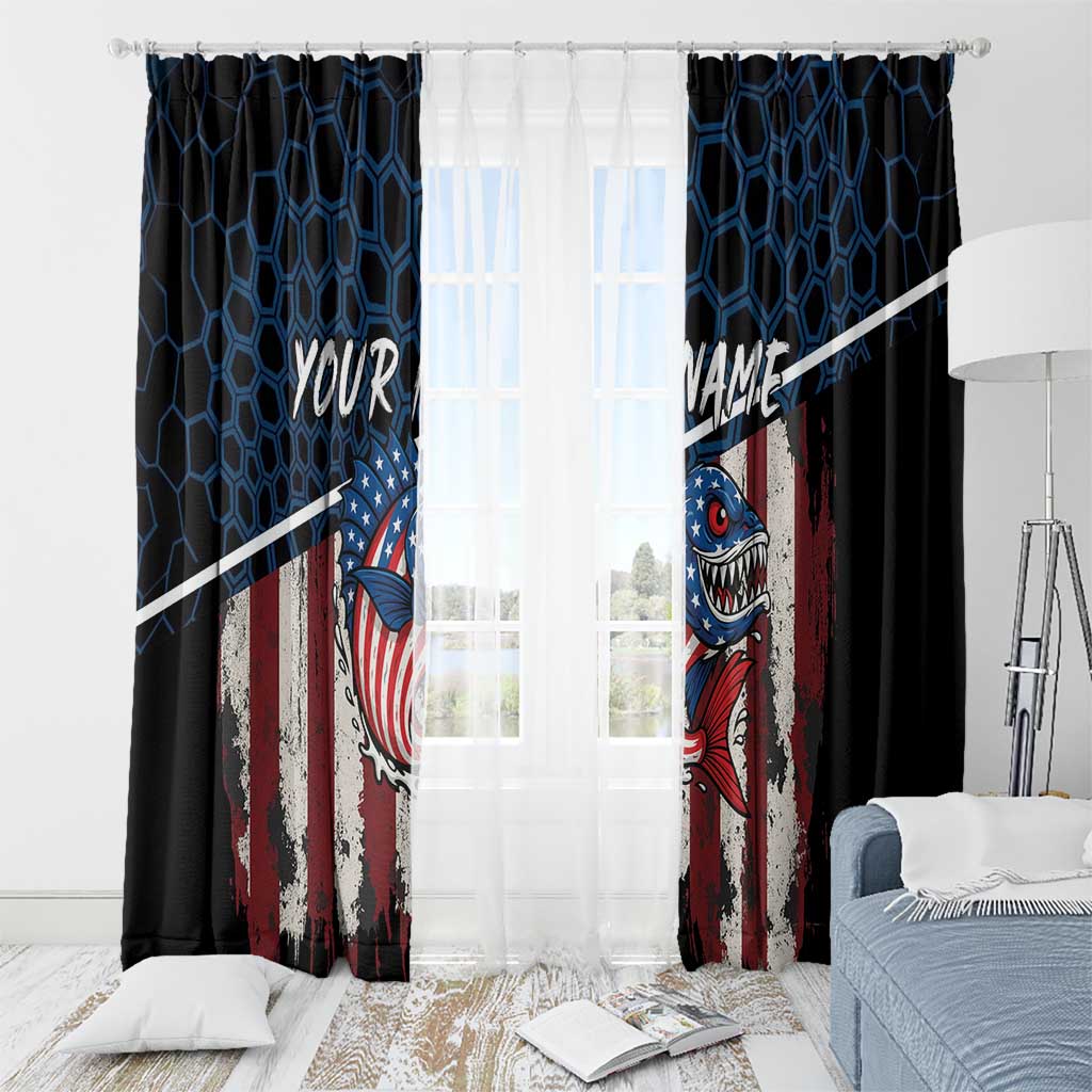 Aggressive Bass Fishing Window Curtain with American Flag Pattern on Grunge Hex Background - Wonder Print Shop