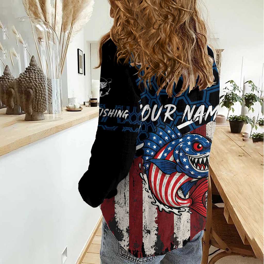 Aggressive Bass Fishing Women Casual Shirt with American Flag Pattern on Grunge Hex Background - Wonder Print Shop