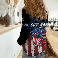 Aggressive Bass Fishing Women Casual Shirt with American Flag Pattern on Grunge Hex Background - Wonder Print Shop