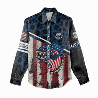 Aggressive Bass Fishing Women Casual Shirt with American Flag Pattern on Grunge Hex Background - Wonder Print Shop
