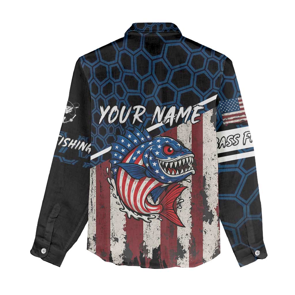 Aggressive Bass Fishing Women Casual Shirt with American Flag Pattern on Grunge Hex Background - Wonder Print Shop