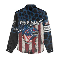Aggressive Bass Fishing Women Casual Shirt with American Flag Pattern on Grunge Hex Background - Wonder Print Shop