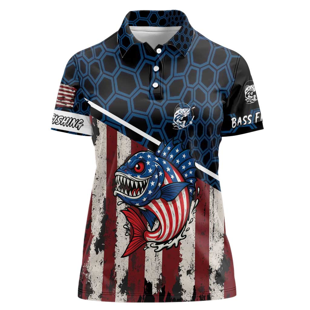 Aggressive Bass Fishing Women Polo Shirt with American Flag Pattern on Grunge Hex Background - Wonder Print Shop